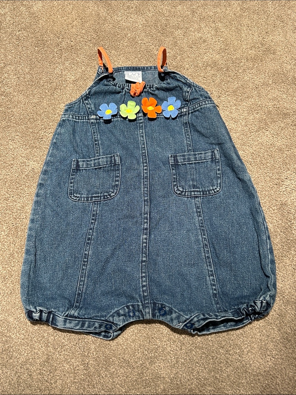 The Children's Place Denim Bubble Romper with Floral Appliqués - Blue & Orange